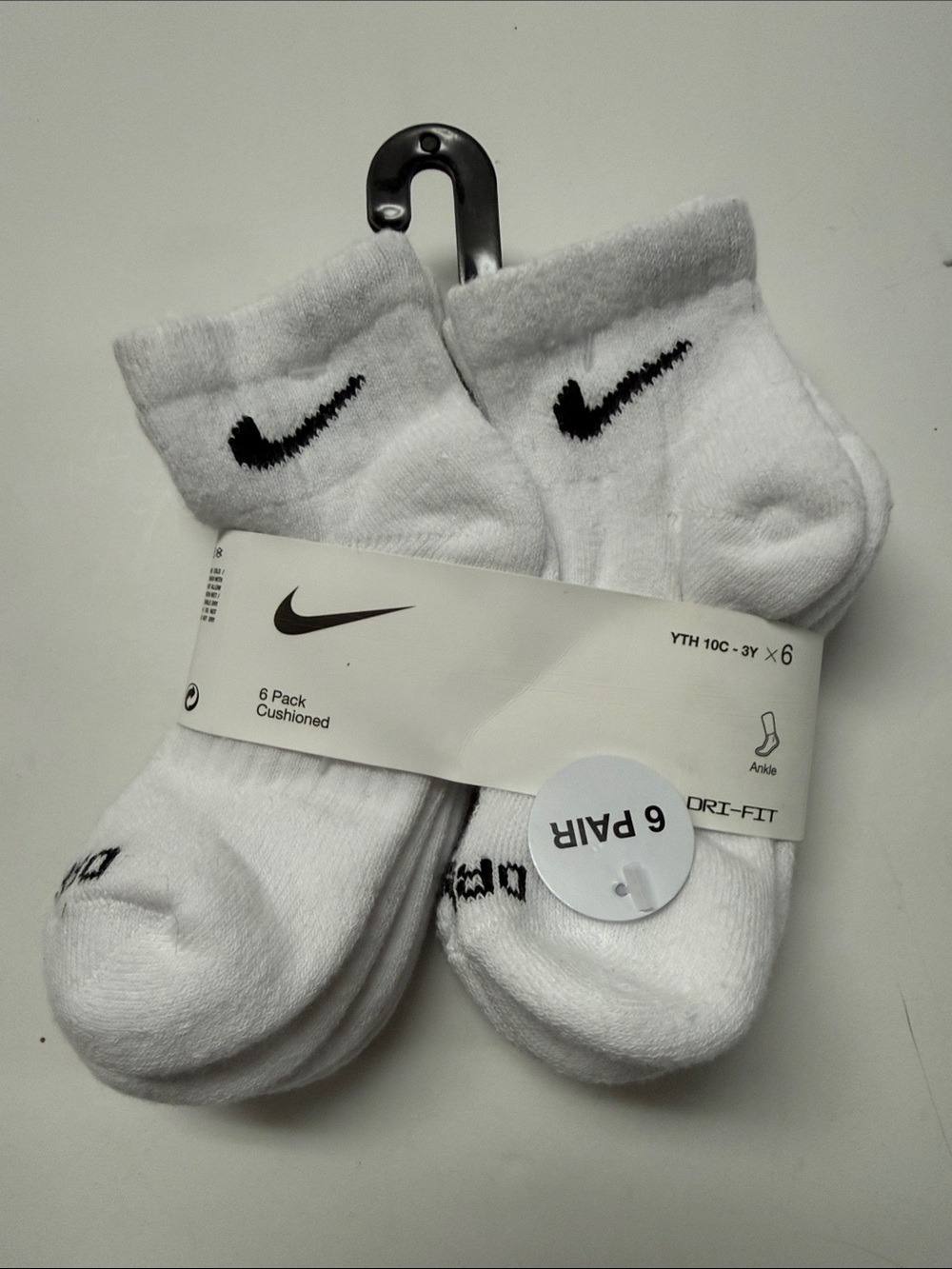 Nike youth White Ankle Cushioned Socks with Black Swoosh - 6 Pack